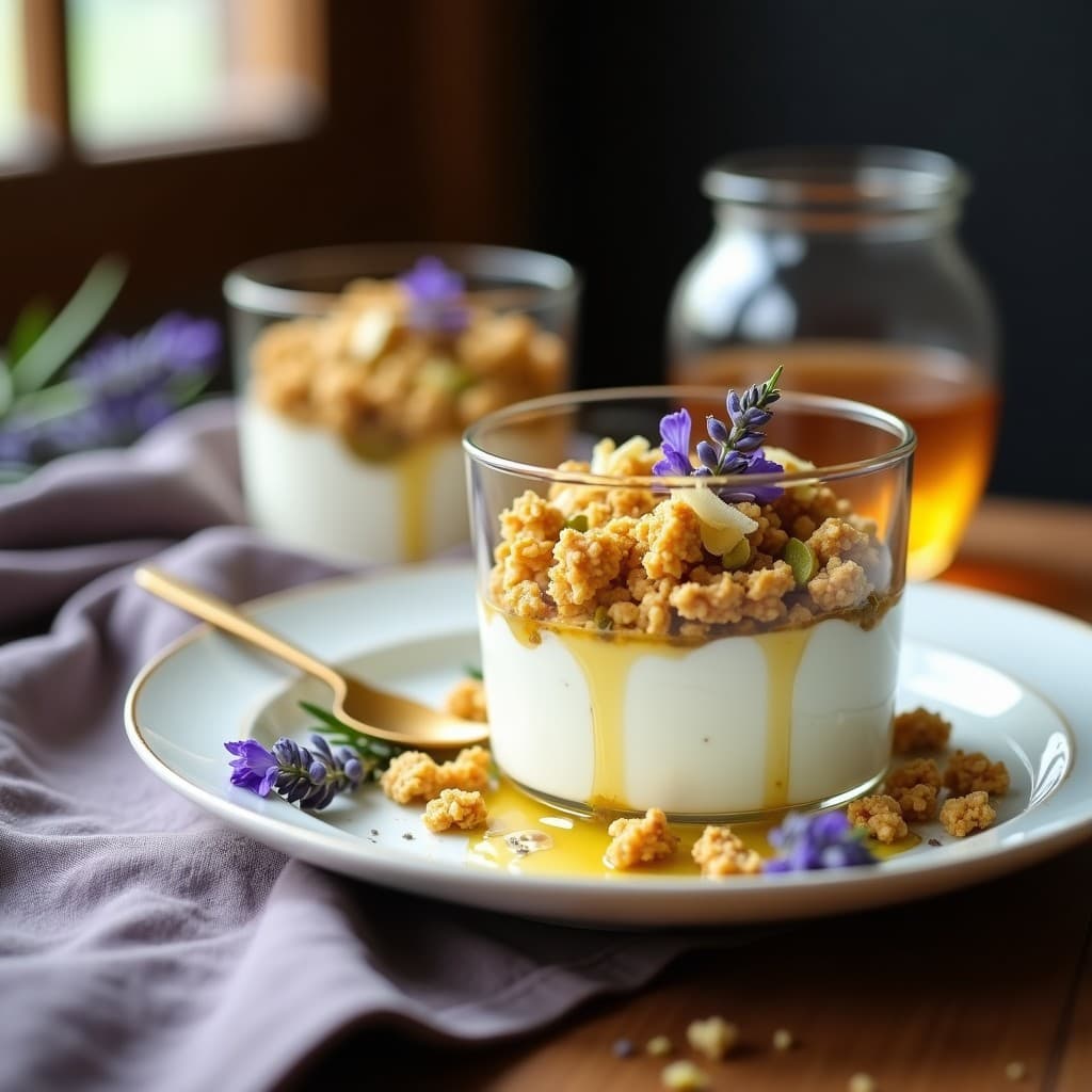 Copas de cristal transparente con capas de yogur griego cremoso, granola de pistacho dorada y crujiente, y un hilo de miel de lavanda. Decorado con flores de lavanda frescas y virutas de pistacho. Postre keto sin gluten con texturas contrastadas.