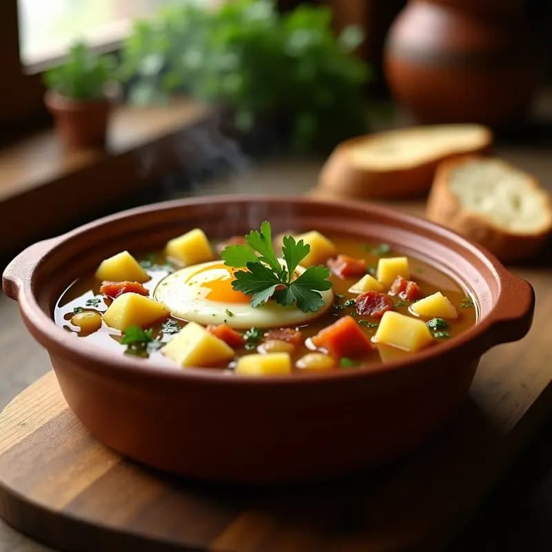 Olla de barro humeante con potaje de berros andaluz, patatas troceadas, huevo en hebras y trocitos de panceta, decorado con perejil fresco y un chorrito de aceite de oliva virgen extra.