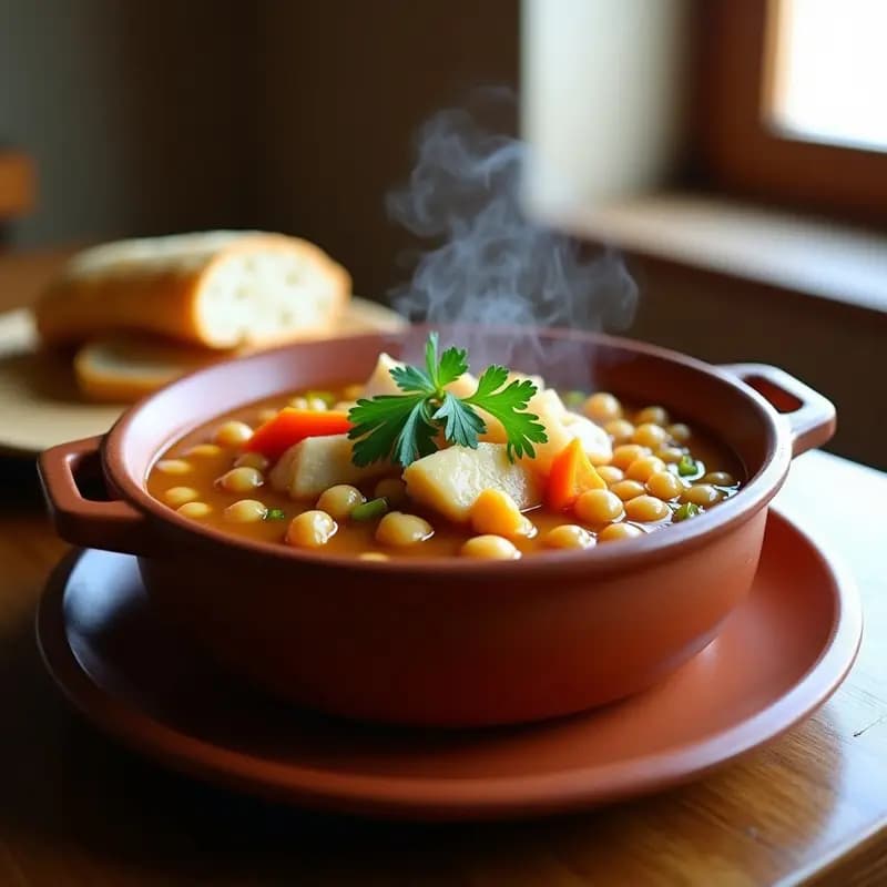 Olla de barro humeante con potaje de garbanzos y bacalao, trozos de bacalao blanco desmenuzado, garbanzos dorados y verduras en un caldo espeso, decorado con perejil fresco. Plato tradicional andaluz para días fríos.