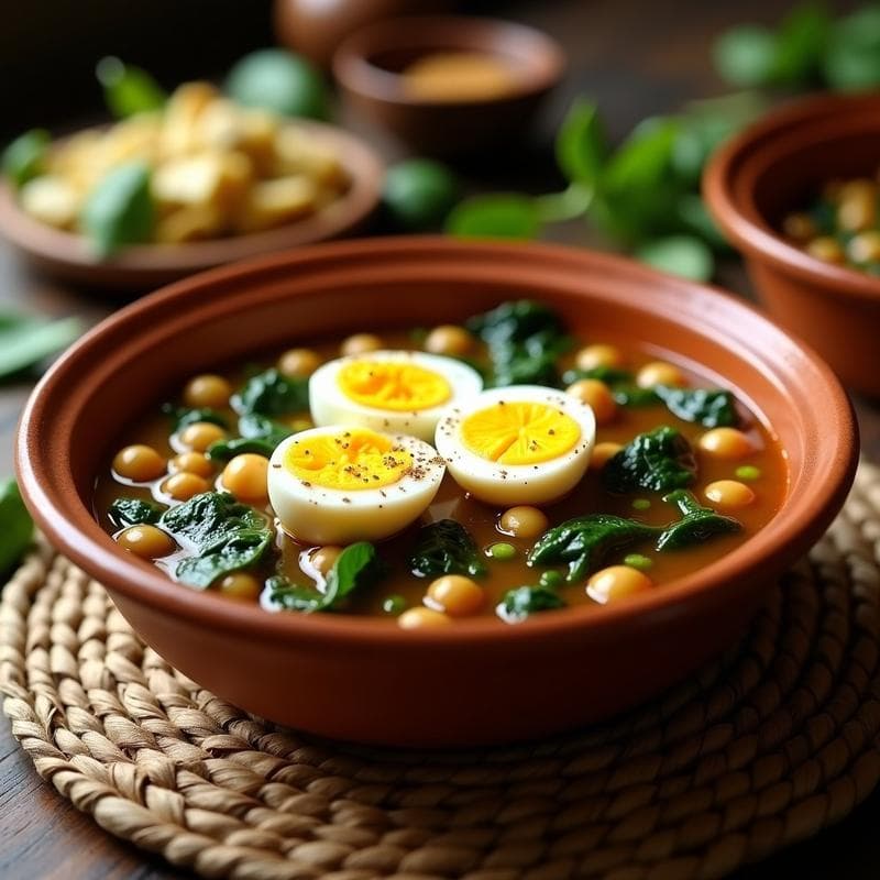 Plato hondo de barro con potaje de garbanzos y espinacas, huevo duro cortado por la mitad en el centro, espolvoreado con comino y con un chorrito de aceite de oliva virgen extra.