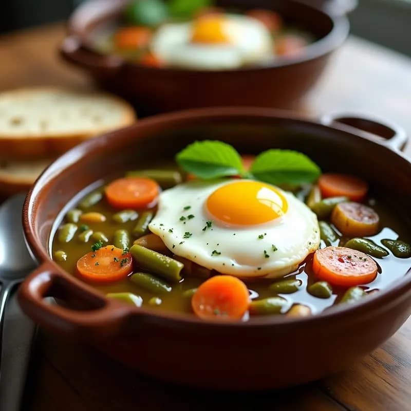Plato hondo de barro con potaje de habas amarillas, patatas, zanahoria y puerro, coronado con un huevo escalfado y hojas de hierbabuena fresca. Receta tradicional manchega reconfortante en olla rápida.