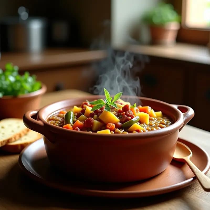 Olla de barro humeante con potaje de lentejas con verduras y tocino, rodeada de pan rústico y hierbas frescas. Plato tradicional de la huerta castellana, servido en cuenco de barro con cucharón de madera.