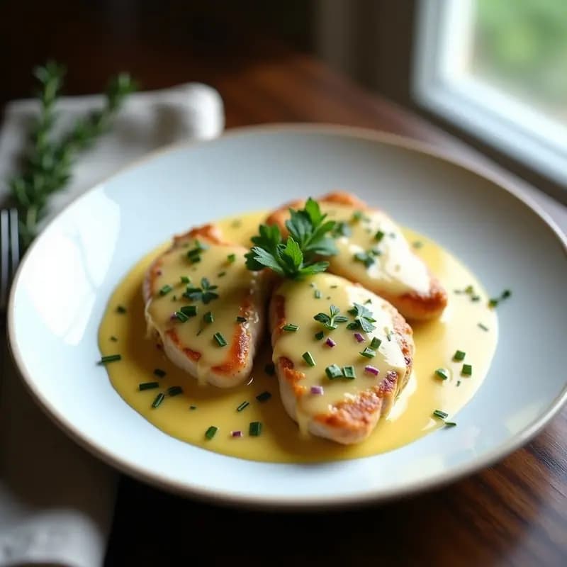 Plato de porcelana blanca con medallones de pollo dorado bañados en una salsa cremosa de mostaza de Dijon, decorado con perejil fresco y acompañado de cebolla morada salteada. Receta clásica francesa Poulet à la Moutarde.