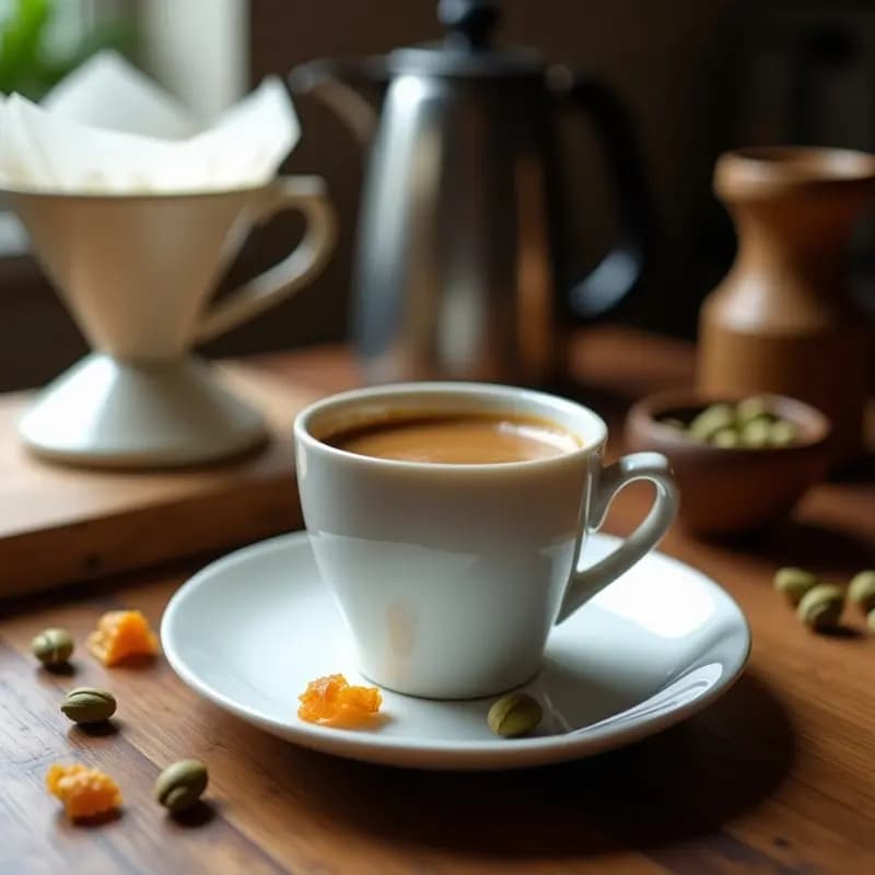 Taza de cerámica blanca con pourover de café etíope y cardamomo, humeante, sobre una mesa de madera rústica. Alrededor, vainas de cardamomo, granos de café etíope y una rama de canela. Luz natural suave resaltando los tonos ámbar del café.