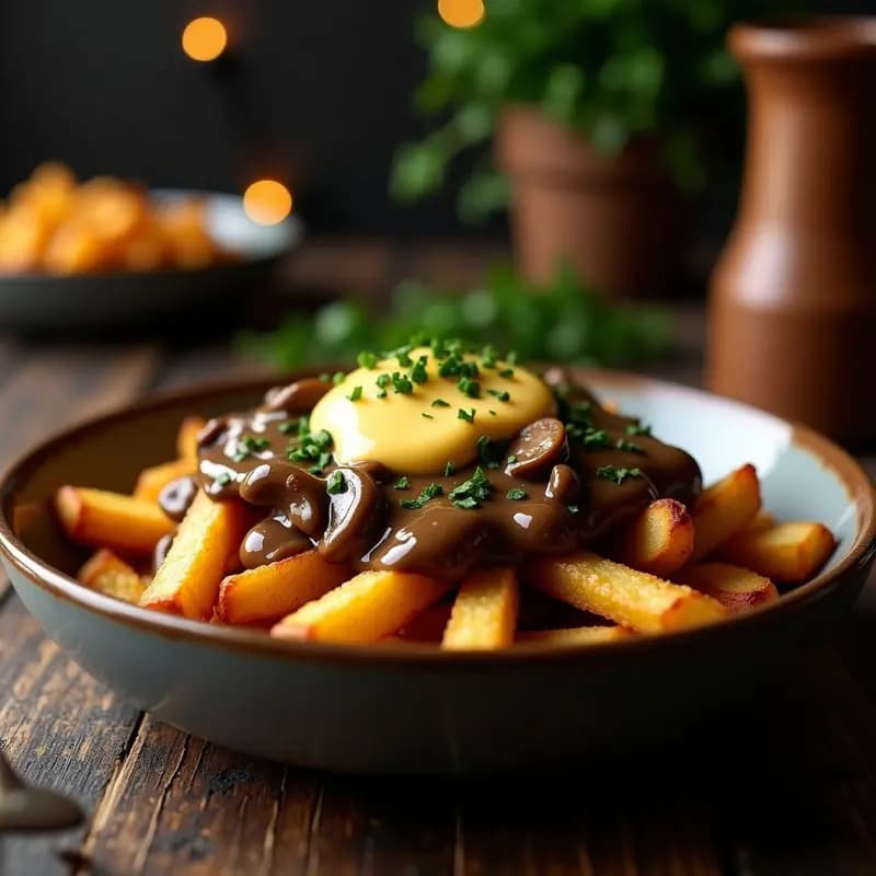Plato hondo de barro con poutín vegano: bastones de batata dorados y crujientes cubiertos de salsa de hongos portobello y shiitake oscura, queso de anacardos cremoso amarillo y hojas de tomillo fresco. Receta canadiense sin gluten.