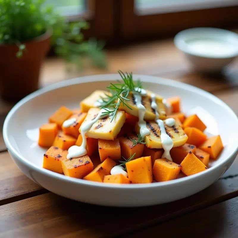 Plato hondo de barro con Poutine de Batata y Queso Halloumi en Airfryer: bastones de batata dorados y crujientes cubiertos con cubos de queso halloumi dorado y salsa de yogur con eneldo, decorado con hojas de menta fresca.
