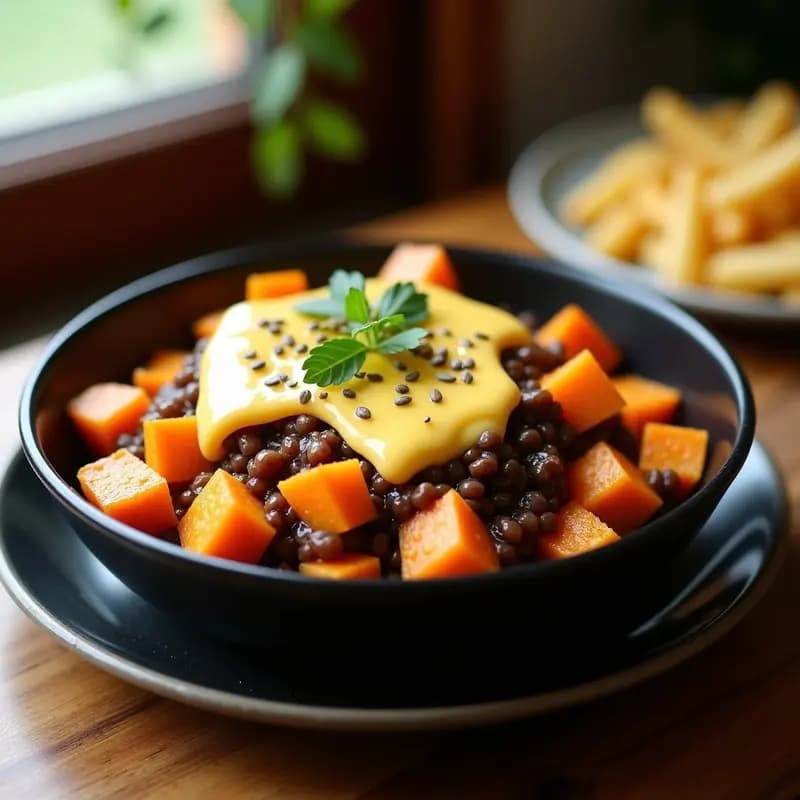 Plato hondo de cerámica blanca con poutine de batata y queso vegano sin lácteos: cubos dorados de batata asada cubiertos con queso cremoso de lentejas y zanahoria, bañados en gravy espeso de color marrón. Fondos desenfocados de cocina rústica.