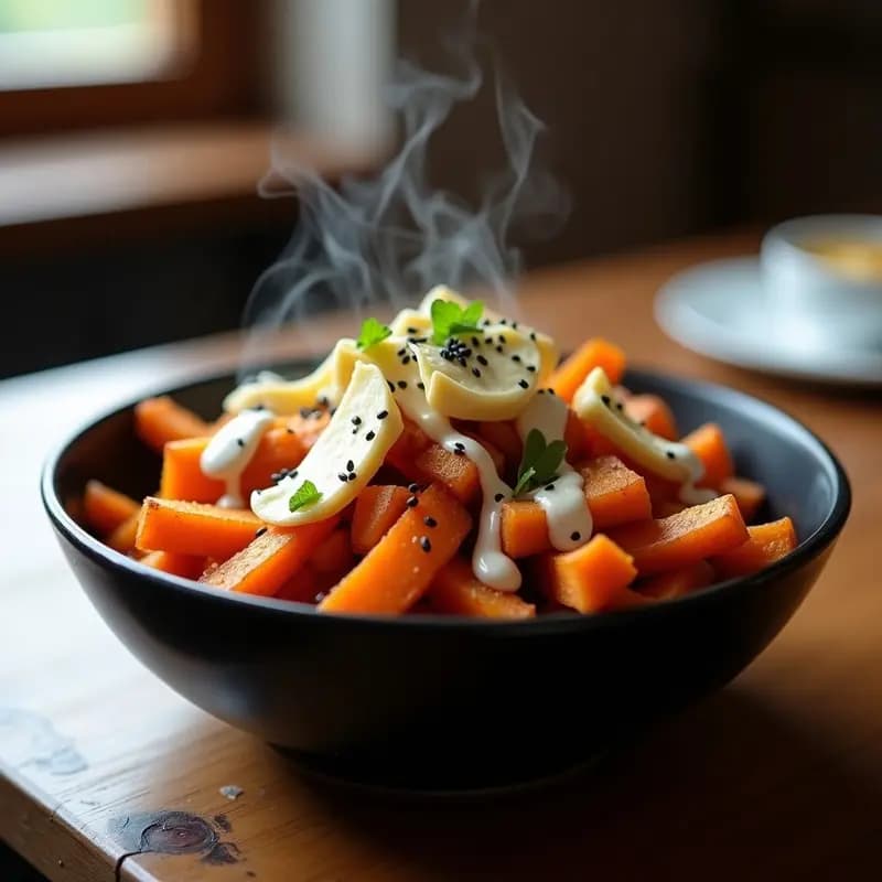 Plato hondo de cerámica blanca con poutine de boniato asado dorado, cubos de queso halloumi crujiente y salsa de miso cremosa espesa. Decorado con cebollino picado y semillas de sésamo negro, sobre fondo rústico de madera oscura.