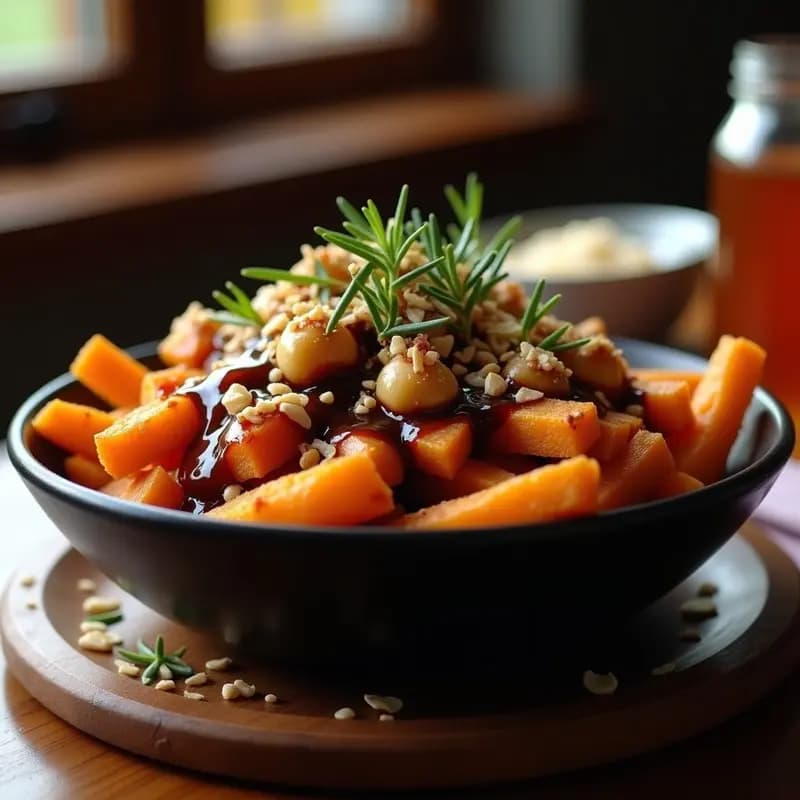 Poutine canadiense gourmet vegana con bastones dorados de boniato asado, cubiertos de queso cremoso de anacardos y salsa espesa de higos caramelizados, decorada con romero fresco. Plato servido en fuente de barro rústica sobre fondo oscuro.
