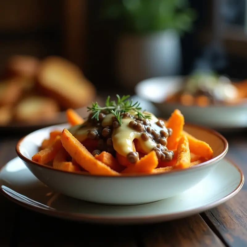 Poutine de camote y queso vegano en plato hondo de cerámica blanca, con bastones de camote dorados cubiertos de queso vegano derretido y salsa gravy espesa de champiñones. Decorado con hojas de tomillo fresco y servido sobre fondo rústico de madera.
