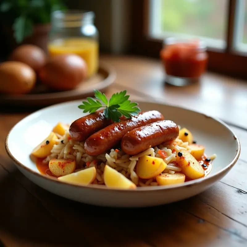 Plato hondo de cerámica blanca con P routine de chucrut y salchichas de since vegetal: patatas baby doradas en la base, chucrut fermentado salteado con cebolla morada y rodajas de salchichas veganas ahumadas. Decorado con perejil fresco y semillas de mostaza. Desayuno alemán vegano fermentado.