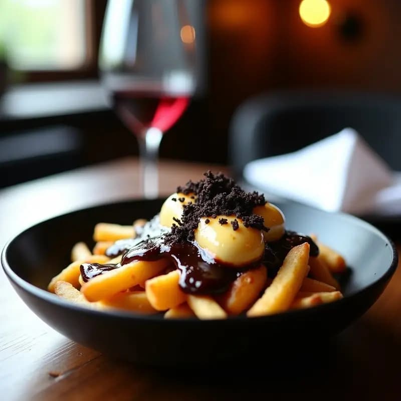 Plato hondo de cerámica negra con poutine francés gourmet: patatas doradas y crujientes cubiertas con queso cheddar y mozzarella fundidos, salsa oscura de foie gras y trufa negra rallada por encima. Fondo borroso con copas de vino y servilletas blancas.