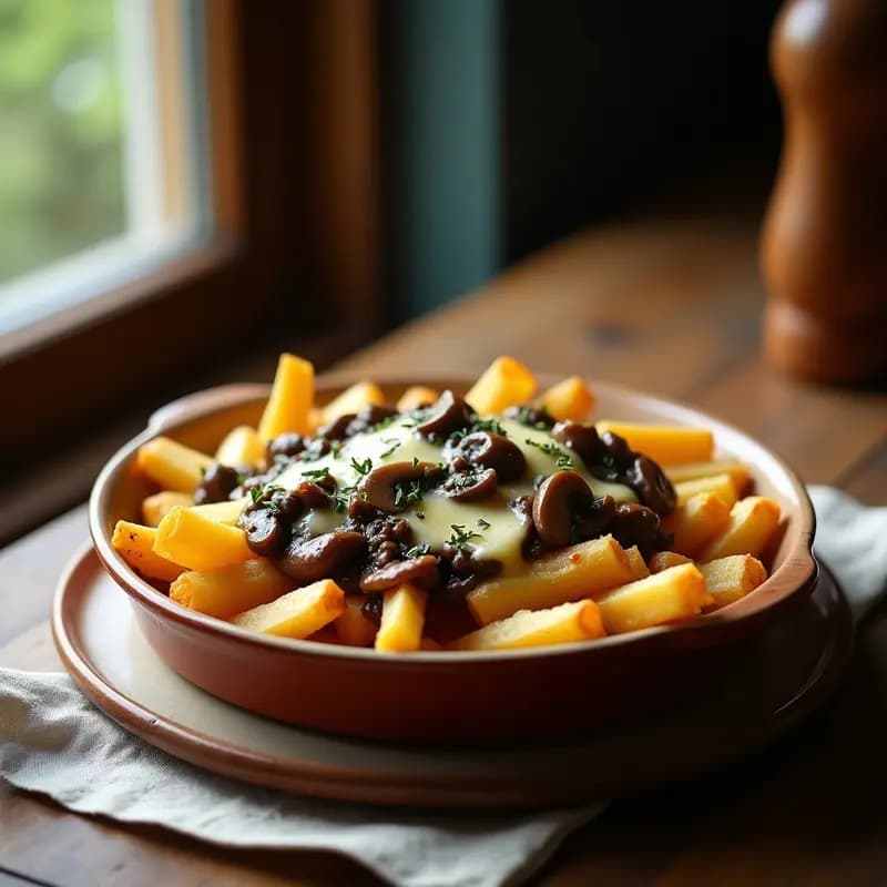 Fuente de barro rústica con poutine francés gourmet: patatas doradas y crujientes cubiertas de queso Gruyère fundido y salsa de hongos oscura y brillante, gratinado al horno con tomillo fresco. Receta canadiense de alta cocina.