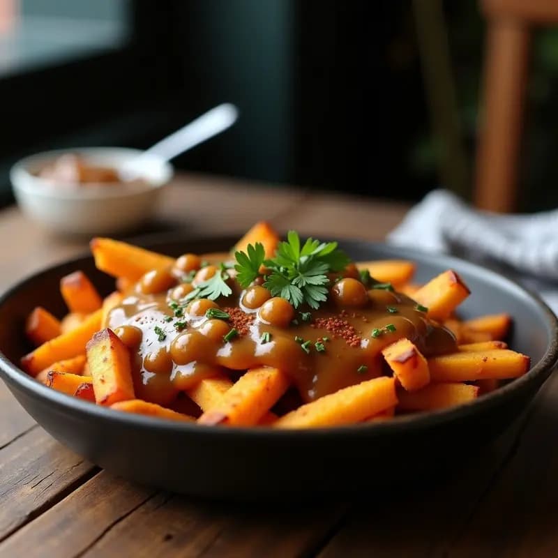 Plato hondo de cerámica negra con poutine vegana: bastones dorados de patata dulce crujientes cubiertos por un gravy espeso y brillante de garbanzos, decorado con perejil fresco y un toque de pimentón ahumado. Receta canadiense sin queso.