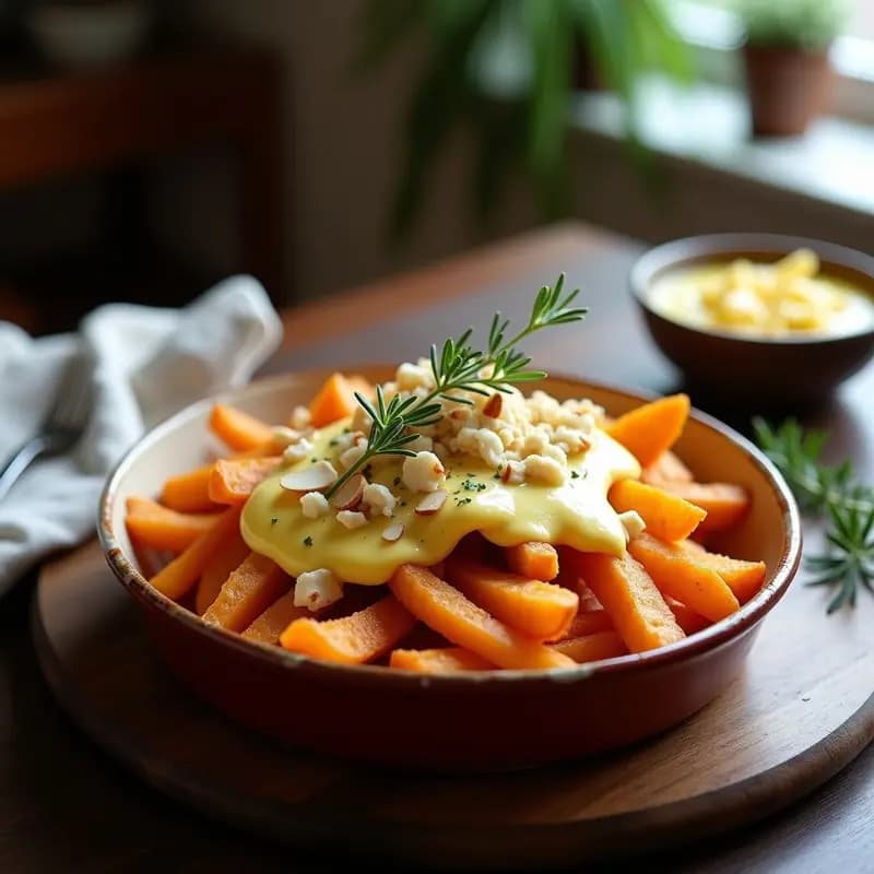 Poutine francesa en cuenco de barro con bastones dorados de patata dulce, queso de cabra fundido y salsa oscura de chalotas y vino tinto. Decorado con tomillo fresco y pimienta negra.