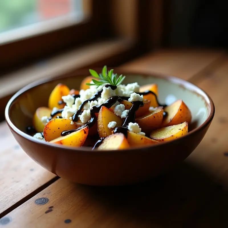 Plato hondo de barro con poutín canadiense gourmet: patatas doradas y crujientes cubiertas de trozos de queso de cabra vegano derretido, bañadas en salsa de trufa negra brillante y decoradas con cebollino fresco picado.