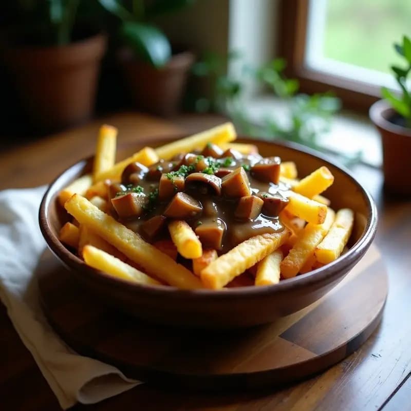 Poutine canadiense con queso cheddar y gravy de hongo: Receta reconfortante en airfryer