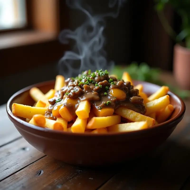 Plato hondo de poutine Canadá con patatas doradas y crujientes, queso cheddar fundido y gravy de hongos portobello y shiitake, decorado con perejil fresco.