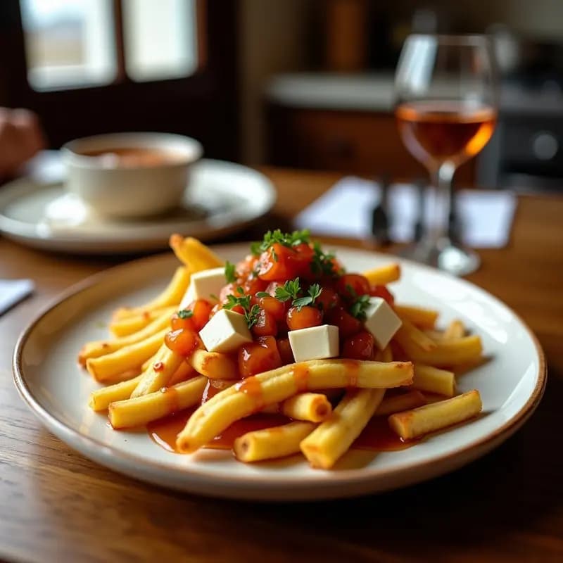 Fuente honda de cerámica negra con poutine quebequense: patatas doradas y crujientes cubiertas de queso en grano blanquecino ligeramente derretido, bañadas en una salsa de caramelo salado brillante con tonos ámbar. Textura cremosa y contrastes de color entre el blanco del queso, el dorado de las patatas y el marrón de la salsa. Plato gourmet de fusión dulce-salada.