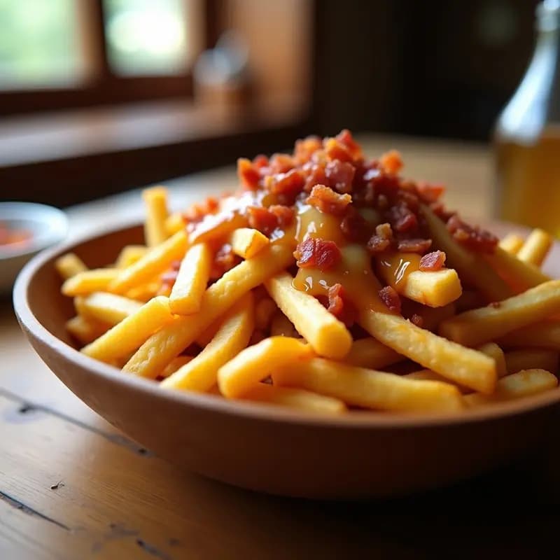 Plato hondo de madera con Poutine Quebecoise: patatas fritas doradas y crujientes cubiertas con granos de queso blanco fresco, bañadas en salsa de caramelo brillante y decoradas con cebolla morada caramelizada y nueces pecanas tostadas. Receta dulce-salada de Canadá.
