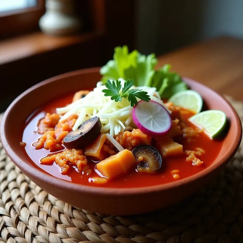 Plato hondo de barro con Pozole Rojo Vegano de Jackfruit y Hongo Shitake, bañado en caldo rojo intenso de chile guajillo, acompañado de lechuga, rábanos, limón y cebolla morada. Receta mexicana tradicional reinventada.