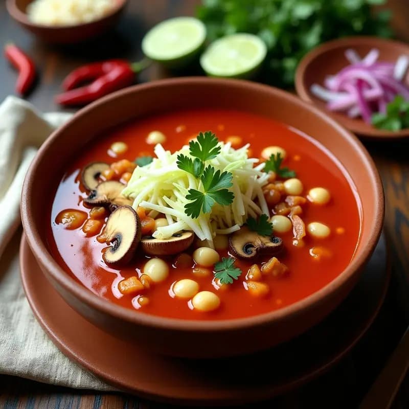 Bowl hondo de barro con pozole rojo vegano, caldo espeso color rojo intenso, trozos de hongo ostra, hominy y lechuga romana en juliana. Acompañado de rábanos en rodajas, cebolla morada picada, limón verde y chile serrano. Fondos de especias y chiles secos.