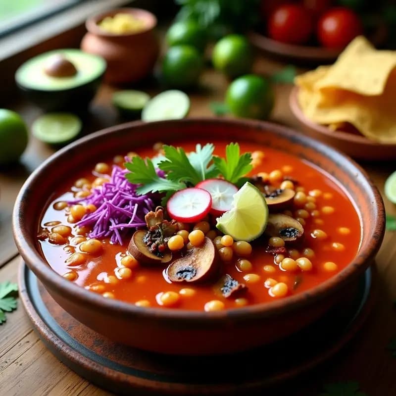 Bowl hondo de cerámica con pozole rojo vegano, lleno de trozos de hongos portobello y shiitake, hominy blanco, y bañado en un caldo rojo intenso. Acompañado de lechuga morada, rábanos, cebolla morada, cilantro y gajos de limón. Presentación tradicional mexicana con colores vibrantes.