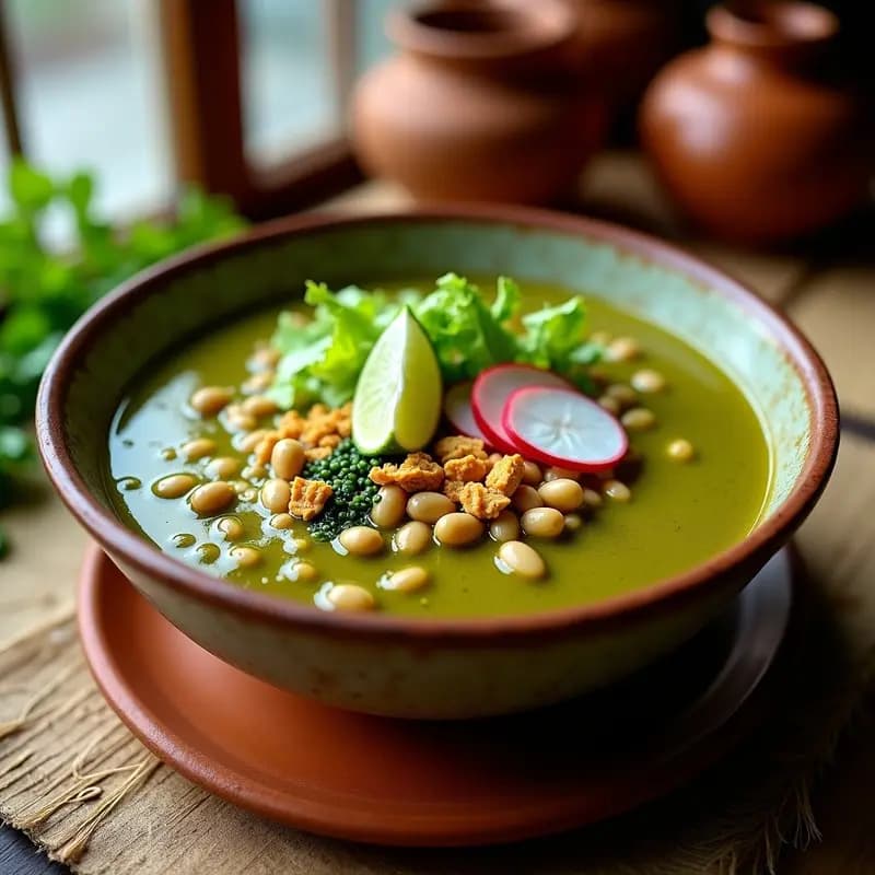 Bowl hondo de barro con Pozole Verde de Frijoles Ayocote vegano, cubierto con lechuga romana, rábanos en rodajas, semillas de cacahuate y gajos de limón. Fondo rústico con textura de madera y decoración mexicana tradicional.
