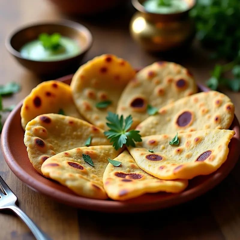 Prata de Batata Doce y Espinacas: pan indio vegano sin gluten horneado, dorado con vetas moradas y verdes, servido en plato de barro con hojas de cilantro.