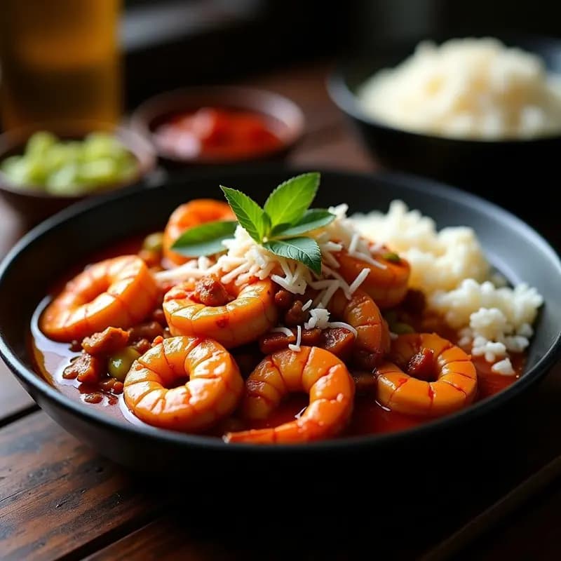 Plato hondo de cerámica negra con Prawn Balchao Goana, curri de camarones tigre en salsa espesa de color ámbar, decorado con hojas de curry y coco raspado, acompañado de arroz basmati blanco.