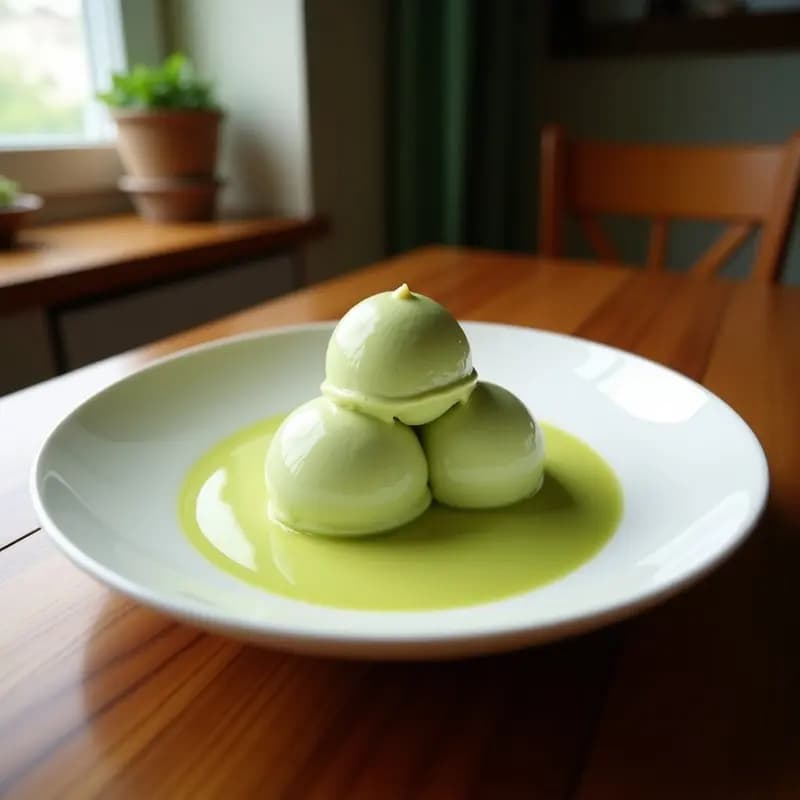 Copas de cristal con pregelato de matcha y leche de coco, de color verde pálido, decorado con virutas de coco tostado y hojas de menta sobre una mesa de madera rústica. Helado italiano keto y antioxidante.