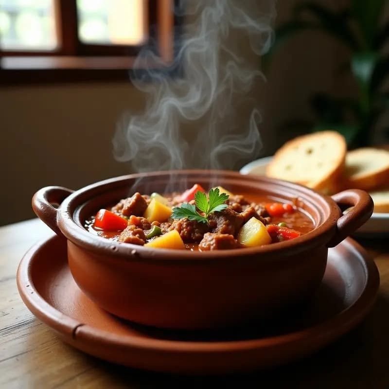 Cazuela de barro humeante con pringá andaluza, guiso espeso de restos de cocido desmenuzados, patatas, pimientos y un toque picante, decorado con perejil fresco y acompañado de pan rústico.