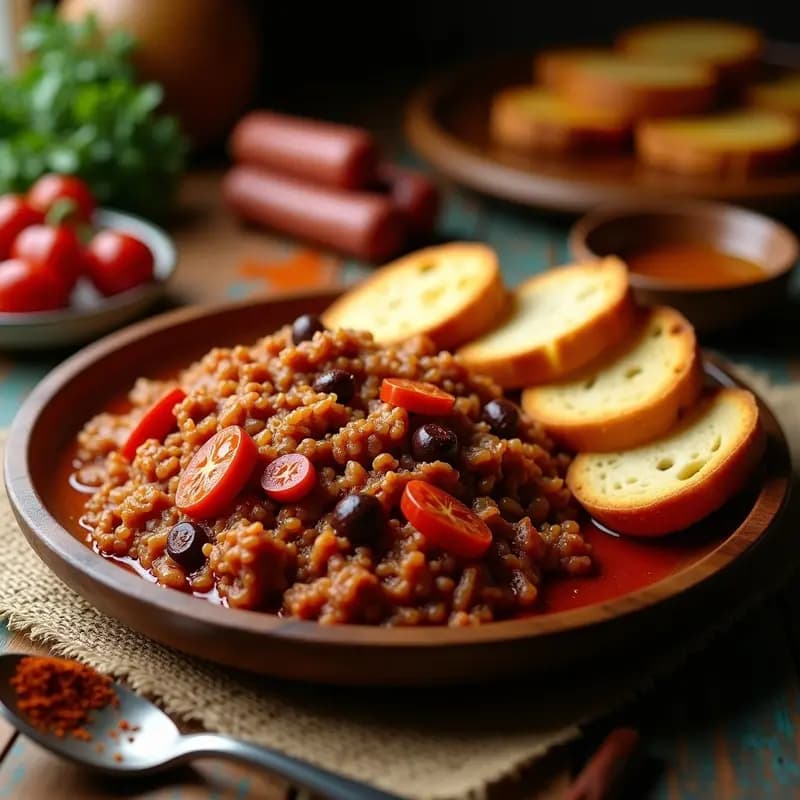 Plato rústico de madera con pringá andaluza auténtica, mezcla jugosa de restos de cocido desmenuzados, servida en pan de barra tostado. Fondos de cocido y especias visibles.