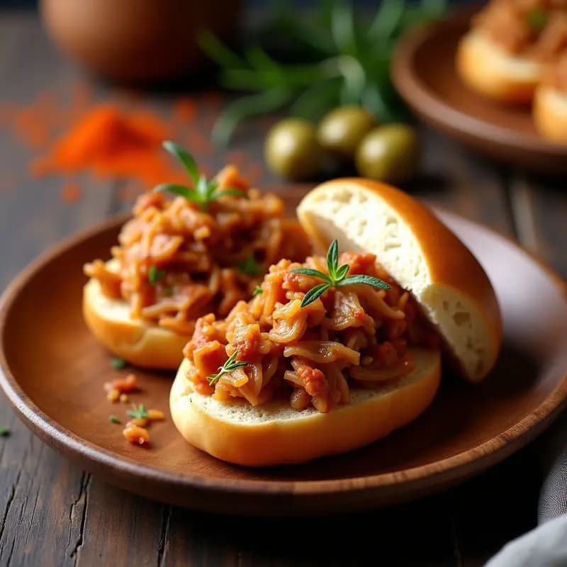 Bocadillo abierto con pan cateto relleno de pringá de carnes jugosa, desmenuzada y dorada, con trocitos de chorizo y cebolla. Plato rústico de madera con aceitunas y pimentón espolvoreado al fondo.