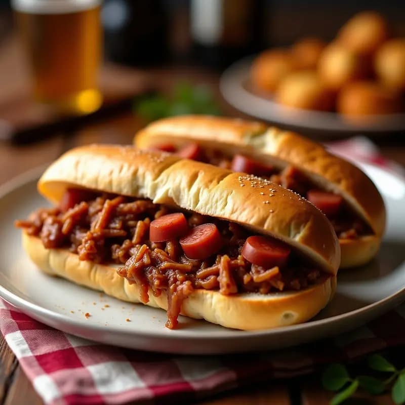 Bocadillo abierto con pringá andaluza de carnitas desmenuzadas, chorizo y morcilla, servido en pan rústico tostado.