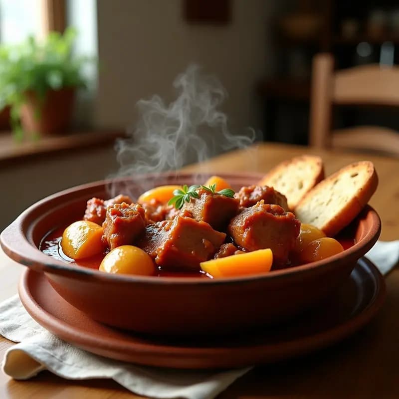 Cazuela de barro humeante con pringá de carnitas con patatas, trozos de carne dorada y patatas tiernas bañadas en salsa espesa. Acompañada de rebanadas de pan rústico para mojar. Plato tradicional andaluz reconfortante.