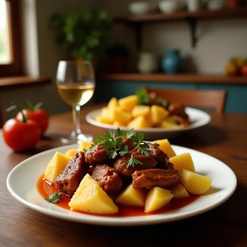 Cazuela de barro con pringá de carnitas y patatas desmenuzadas, mezcla jugosa de trozos de cerdo, chorizo y morcilla con patatas doradas, decorada con perejil fresco. Plato típico sevillano para bocadillos de feria.