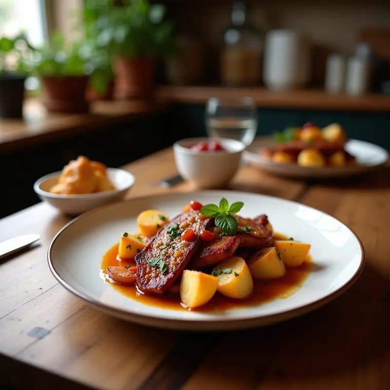 Cazuela de barro humeante con pringá de cerdo ibérico desmenuzado, trozos de patata dorada, chorizo y morcilla, servida sobre pan tostado. Receta andaluza tradicional para tapas y montaditos.