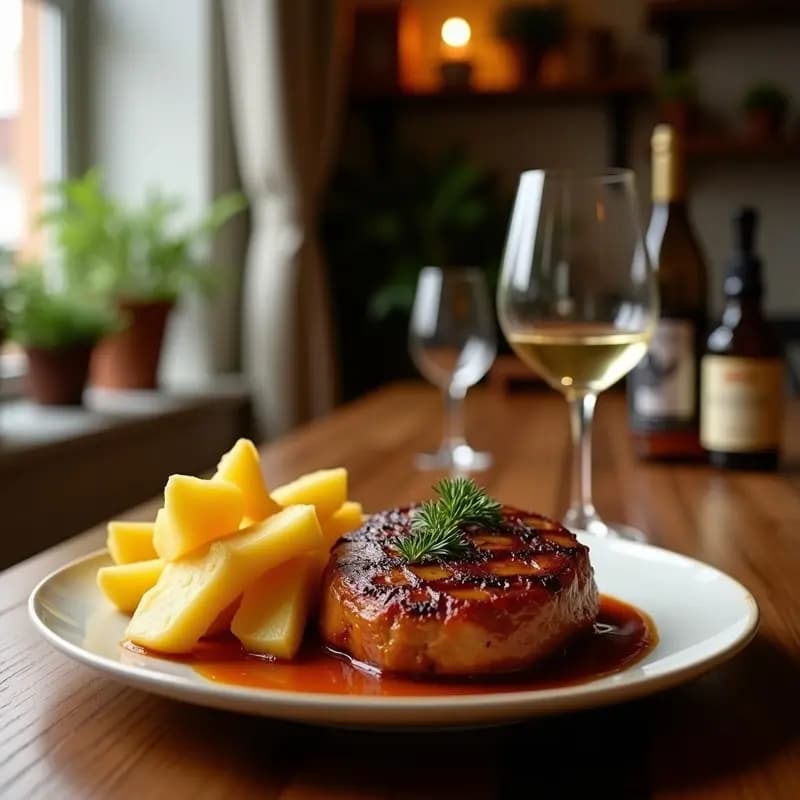 Cazuela de barro humeante con pringá de cerdo ibérico y patatas, trozos de chorizo y morcilla entre patatas doradas, acompañada de rebanadas de pan tostado, sobre fondo rústico de madera.
