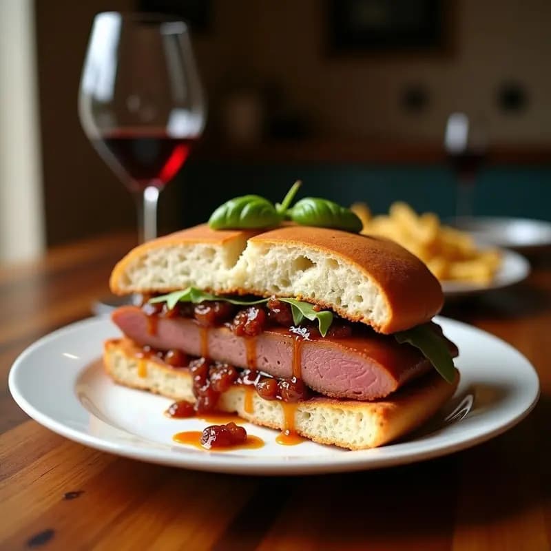 Sandwich de pringá de cerdo ibérico abierto sobre tabla de madera, mostrando el relleno jugoso de carne desmenuzada, chorizo y panceta, con pan dorado y crujiente. Bocadillo típico de feria andaluza.
