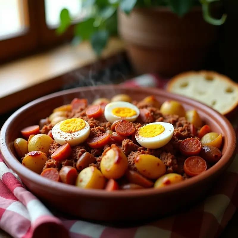Fuente de barro horneada con pringá de cerdo desmenuzada, patatas panaderas doradas y crujientes, huevo duro en cuartos y un toque de pimentón espolvoreado. Plato tradicional sevillano de aprovecho.
