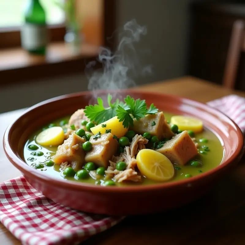 Cazuela de barro humeante con pringá de cerdo en salsa verde, patatas en cubos y guisantes verdes, espolvoreada con perejil fresco. Plato tradicional andaluz servido en mesa rústica de madera.