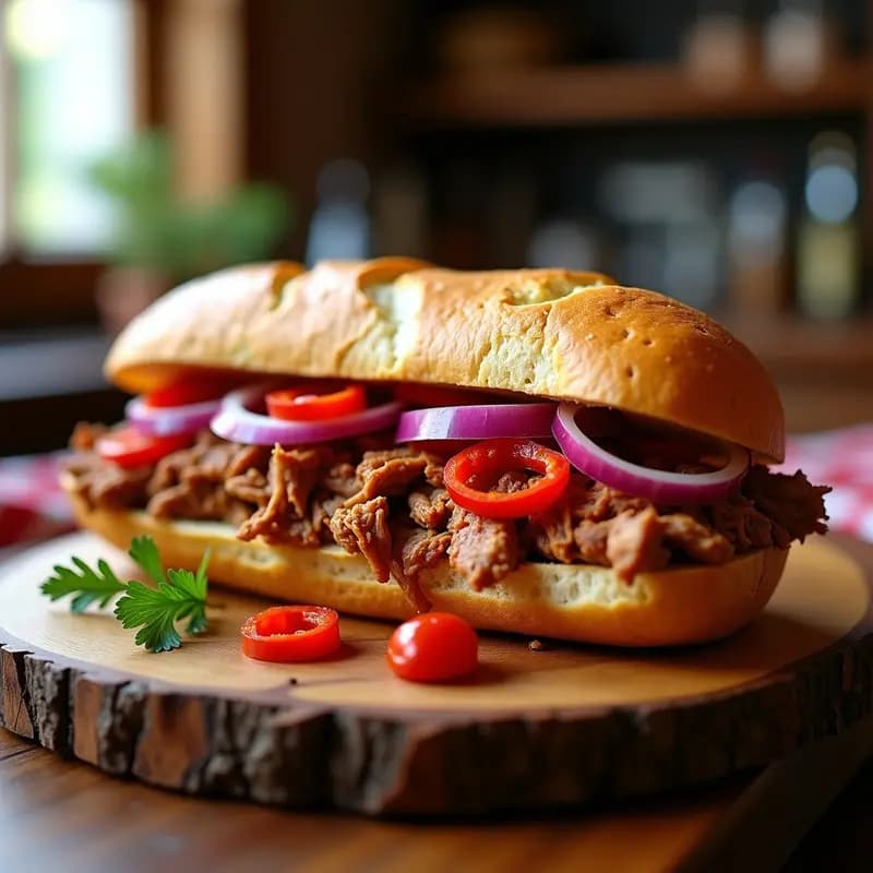 Sándwich abierto de pringá de cerdo sevillana sobre pan de chapata tostado, con trozos de lomo, chorizo y morcilla desmenuzados, servido en plato rústico de barro con fondo de madera.