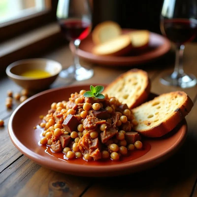 Plato rústico de madera con rebanadas de pan tostado generosamente cubiertas de pringá de cocido madrileño, mezcla jugosa de carnes desmenuzadas y garbanzos, acompañada de hojas verdes de lechuga. Receta tradicional de aprovechamiento.