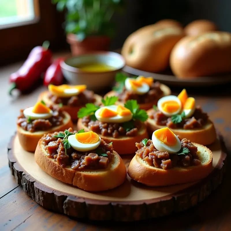 Montaditos de pringá de cocido madrileño en pan rústico tostado, con trozos de huevo duro y perejil fresco, servidos en una tabla de madera rústica.