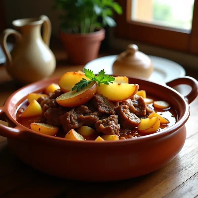 Cazuela de barro humeante con pringá de cordero desmenuzado y patatas panaderas doradas, decorada con perejil fresco. Plato tradicional andaluz de aprovechamiento.