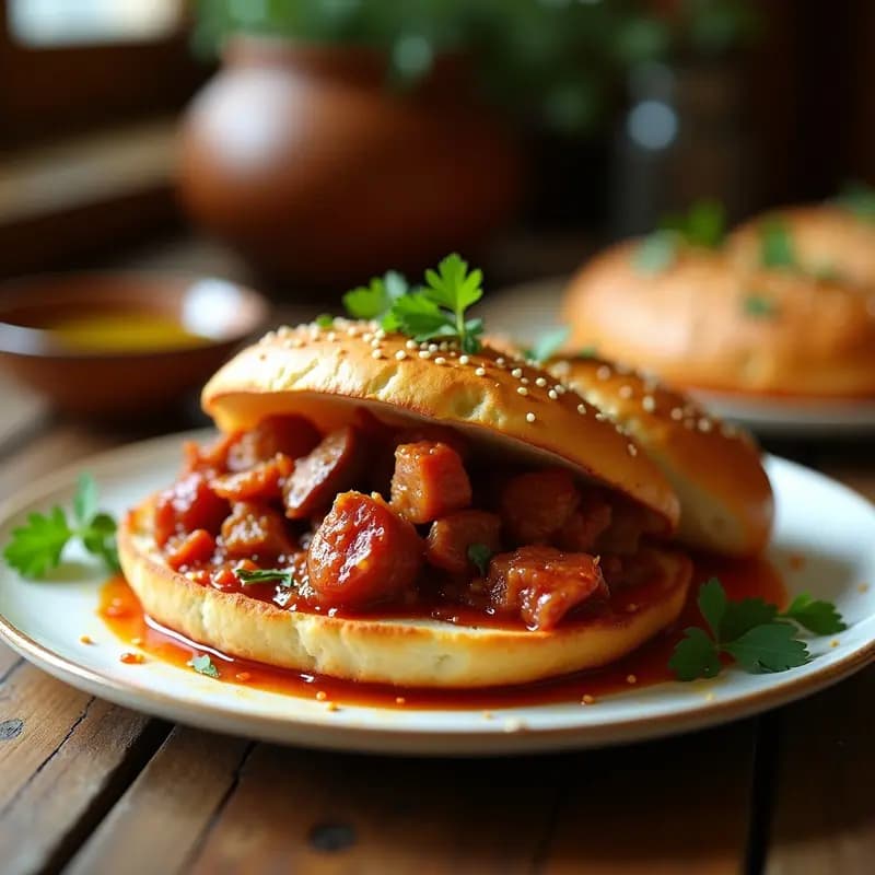 Bocadillo abierto con pan rústico relleno de pringá de lomo y chorizo, mostrando trozos jugosos de carne y chorizo bañados en su jugo, sobre fondo de madera con hierbas frescas.