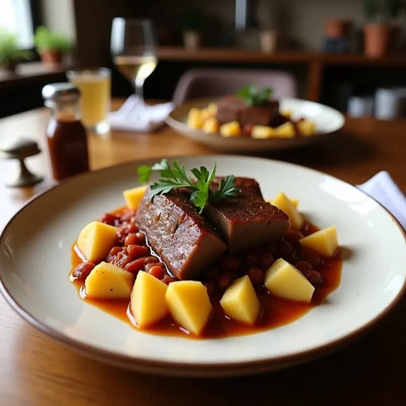 Cazuela de barro humeante con pringá de lomo con morcilla y patatas, trozos dorados de lomo, morcilla desmenuzada y patatas tiernas, espolvoreada con perejil fresco y acompañada de rebanadas de pan tostado.