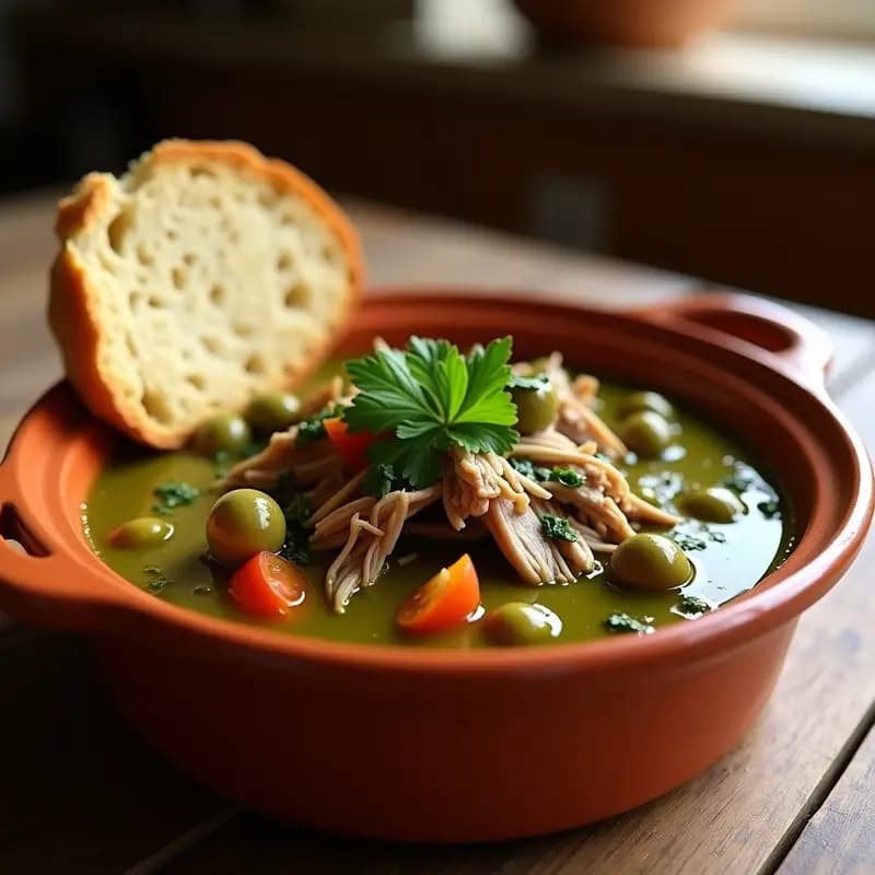 Cazuela de barro humeante con pringá de lomo en salsa verde espesa, trozos de lomo desmenuzado, alcaparras y perejil fresco, servida con pan rústico tostado al lado.