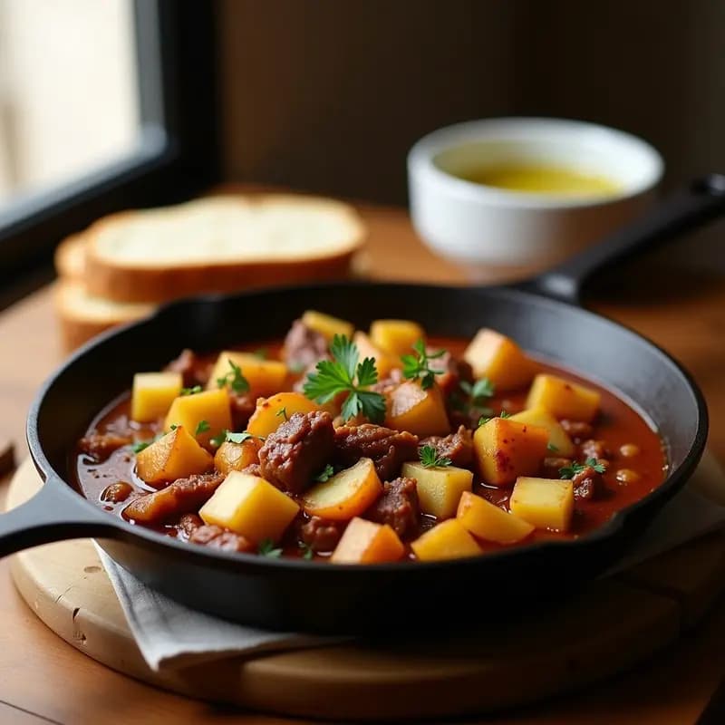Sartén de hierro con pringá con patatas andaluzas, trozos de carne desmenuzada del cocido mezclados con patatas doradas, cebolla y especias, servida con pan rústico al lado.